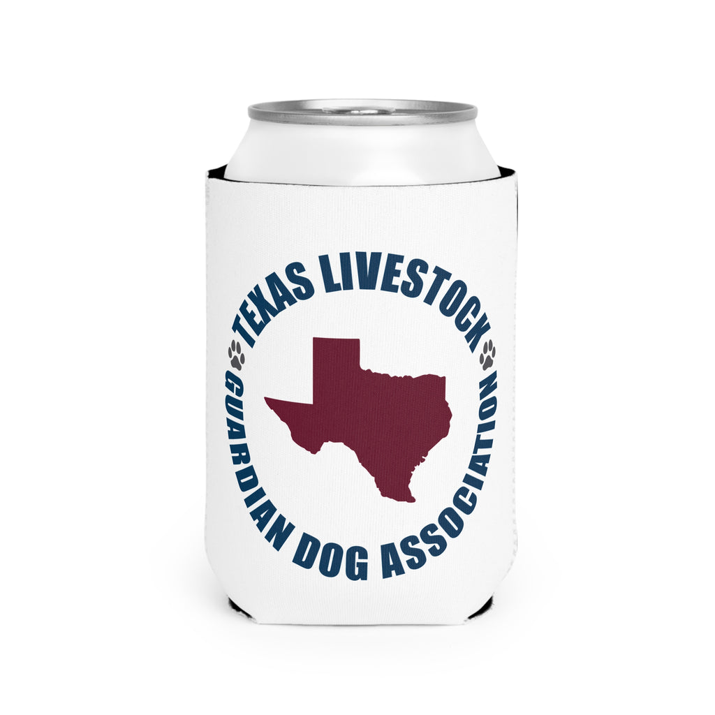 Texas Livestock Guardian Dog Association Can Cooler Sleeve — Koozie with Texas Map & Paw Print Logo