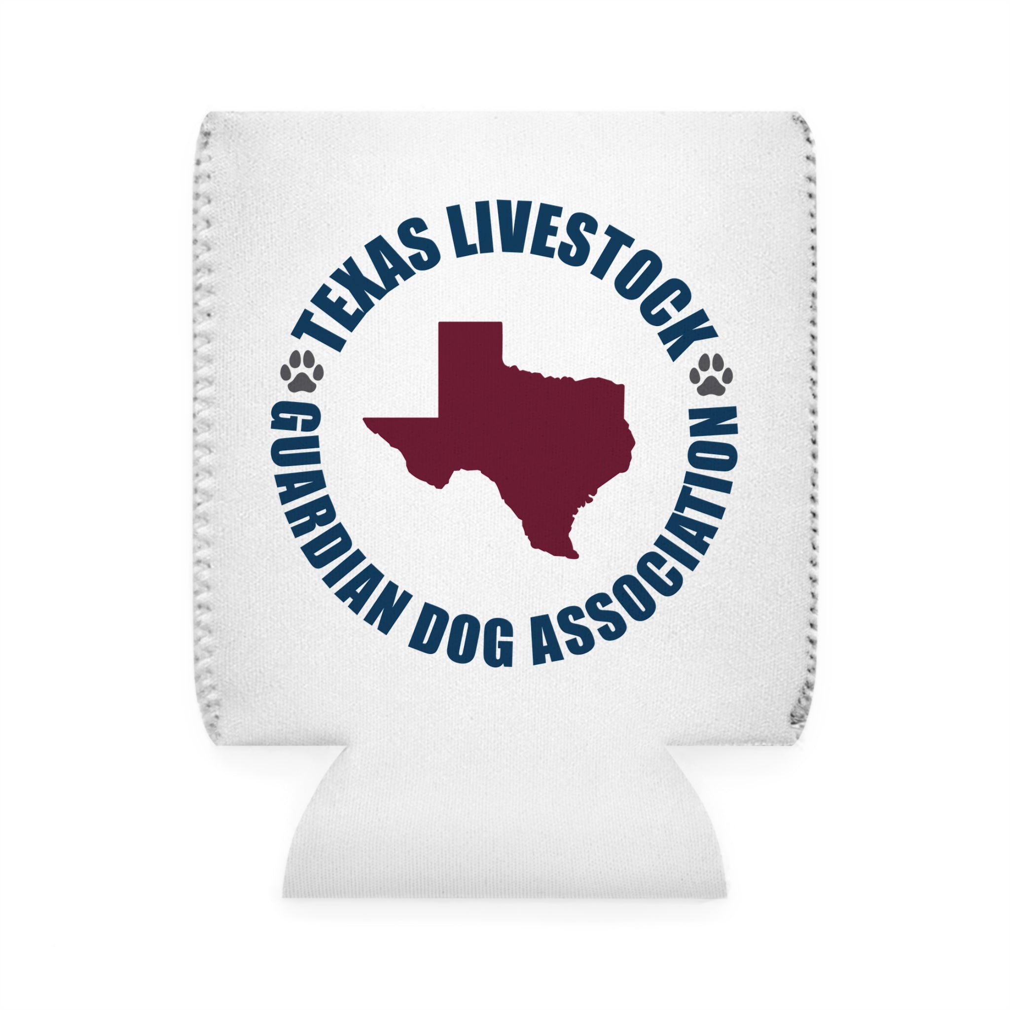 Texas Livestock Guardian Dog Association Can Cooler Sleeve — Koozie with Texas Map & Paw Print Logo
